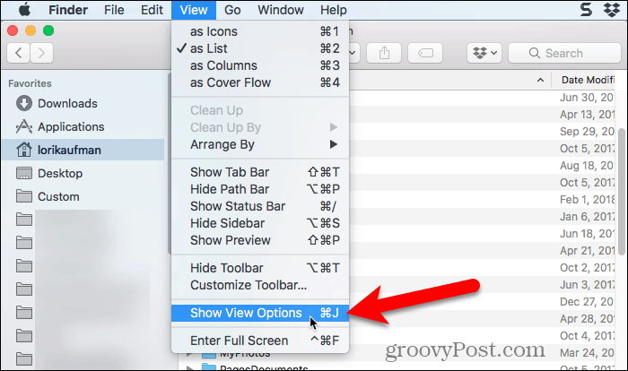 Izberite Prikaži možnosti ogleda v programu Finder v Macu