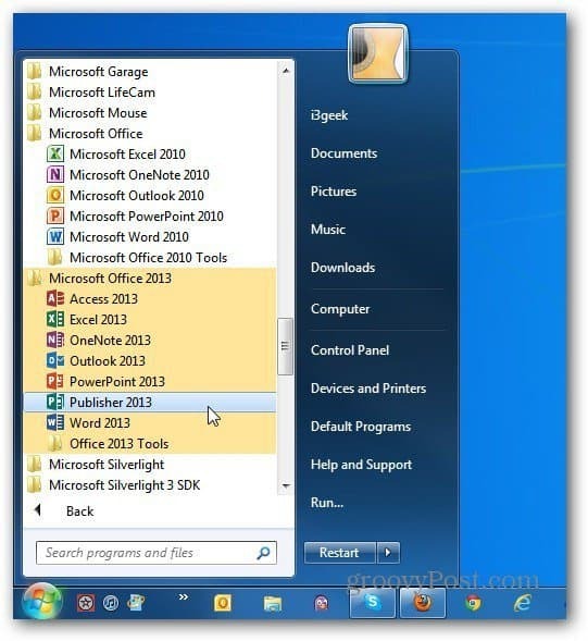 obe različici Office Start Windows 7