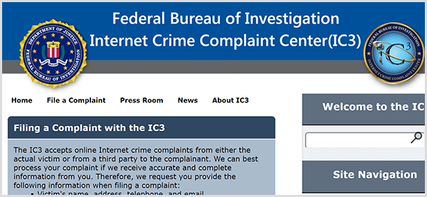 Če se nekdo lažno predstavlja kot vaše podjetje, prijavite goljufivo dejavnost FBI-jevemu centru za pritožbe na internetu.
