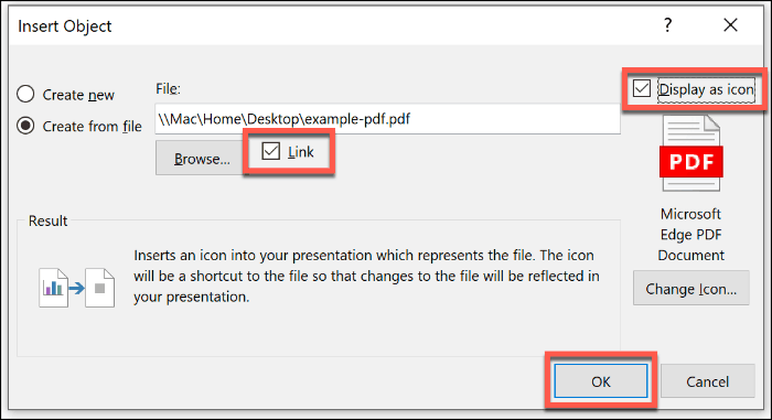 Vstavljanje datoteke PDF kot predmeta v PowerPoint