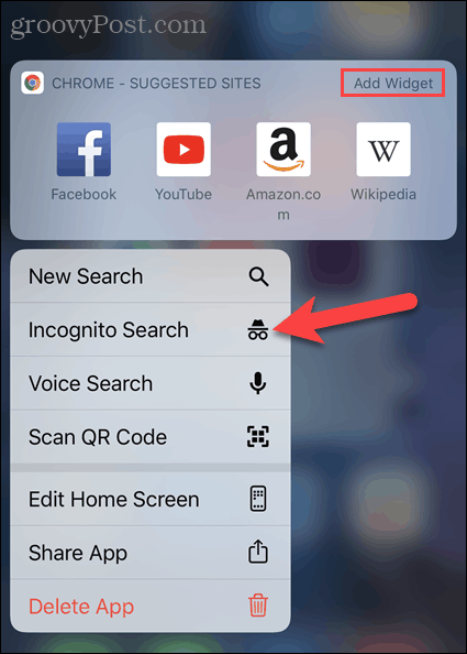 Tapnite Nov zavihek brez beleženja zgodovine v ikoni aplikacije Chrome v sistemu iOS