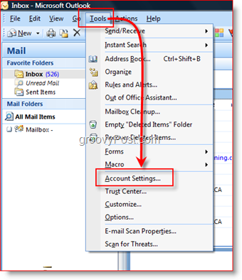Odprite nastavitve računa v programu Outlook 2007