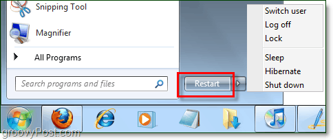 gumb za vklop sistema Windows 7 s spremenjenimi lastnostmi namesto tega znova zaženite