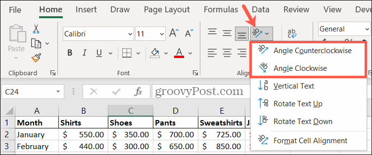 V Excelu izberite kot orientacije za zasuk besedila