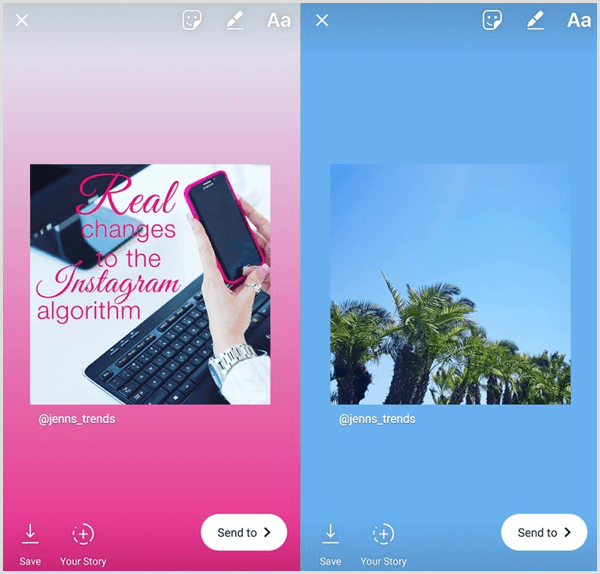 V nadaljnji skupni objavi v vaši zgodbi v Instagramu je izvirna objava prikazana kot kvadratna slika z uporabniškim imenom računa pod njo.