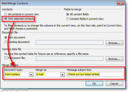 Posnetek zaslona programa Outlook 2010 - prepričajte se, da so možnosti za povezavo poštnih spojev pravilne