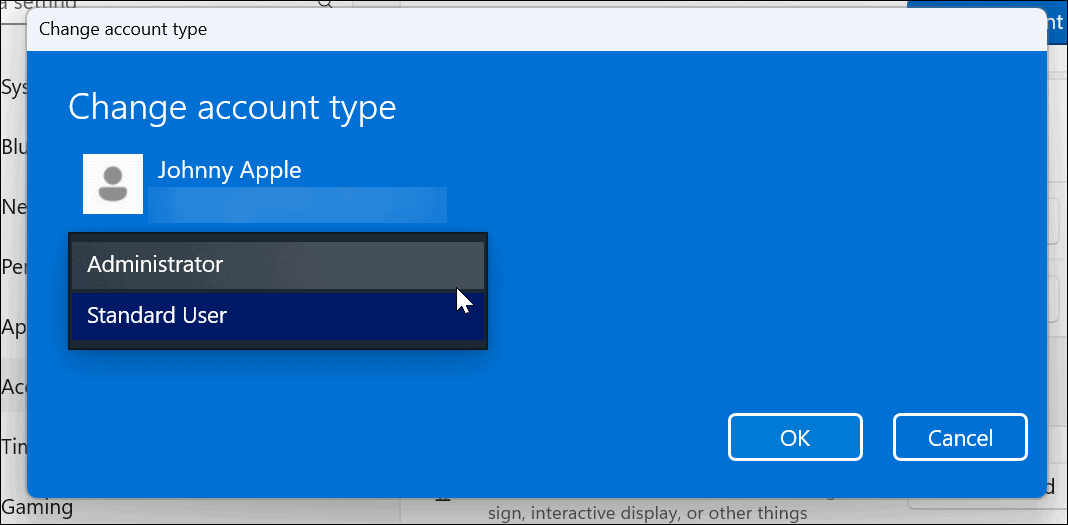 Spremenite vrsto računa v sistemu Windows 11