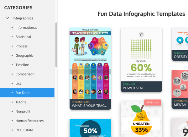Primeri kategorij infografskih kategorij Venngage pod Zabavni podatki.