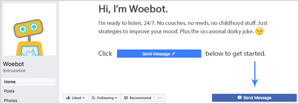 Gumb Pošlji sporočilo na Facebook strani Woebot.