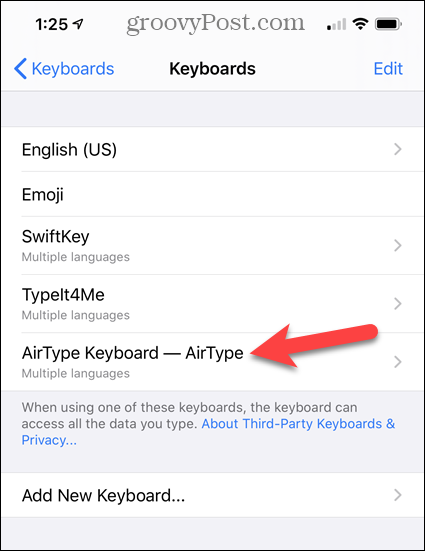 Tapnite tipko AirType Keyboard na seznamu tipkovnic iPhone