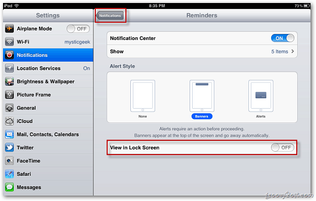Apple iOS 5: onemogoči prikazovanje obvestil na zaklenjenem zaslonu