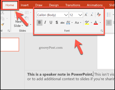 Formatiranje beležk zvočnikov v programu PowerPoint