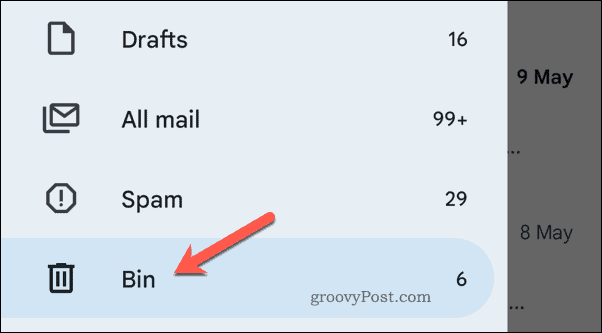 Odpiranje smetnjaka v Gmailu v mobilni napravi
