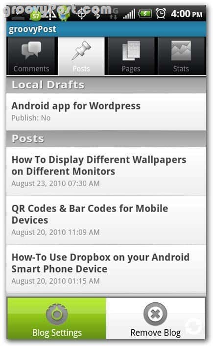 Pregled Wordpressa v Android Posts of posts - osnutki