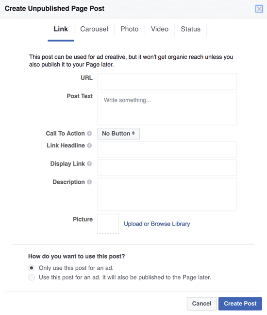Če želite ustvariti temne objave na Facebooku kot oglase, lahko s programom Power Editor izberete možnost Uporabi to objavo samo za oglas.