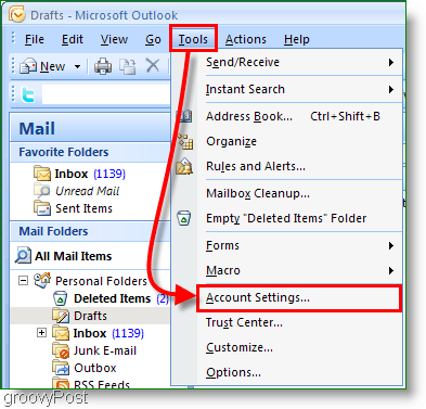 Slika zaslona koledarja Outlook 2007 - Nastavitve računa