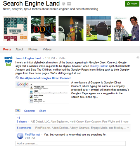 Strani v storitvi Google+ - iskalnik Land
