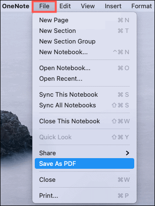 Shrani kot PDF OneNote Mac