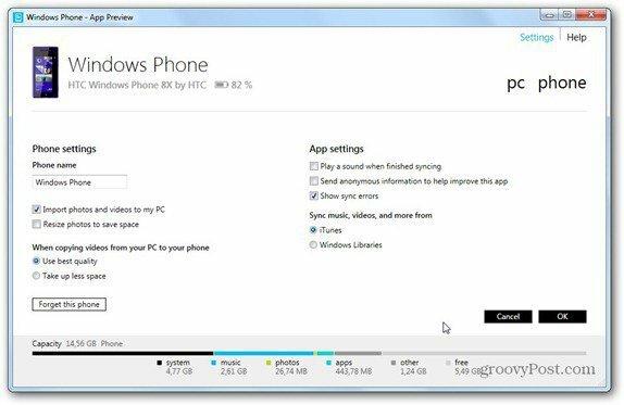 nastavitve telefona Windows 8
