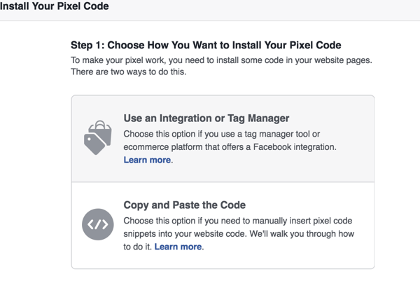 Izberite, kateri način želite namestiti Facebook pixel.