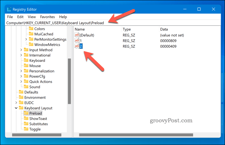 Izbrišite razporeditev tipkovnice s programom regedit v sistemu Windows 11