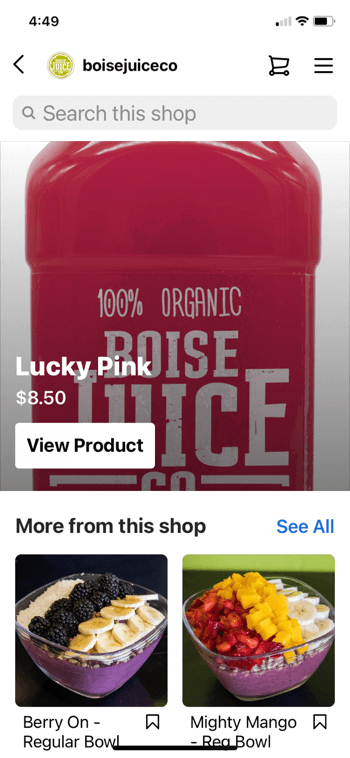 primer instagram nakupovanje izdelkov iz @boisejuiceco, ki prikazuje srečno roza za 8,50 USD in manj od tega trgovina se zdi jagodičja navadna skleda in mogočna skledica mango, skupaj z možnostjo iskanja v trgovini