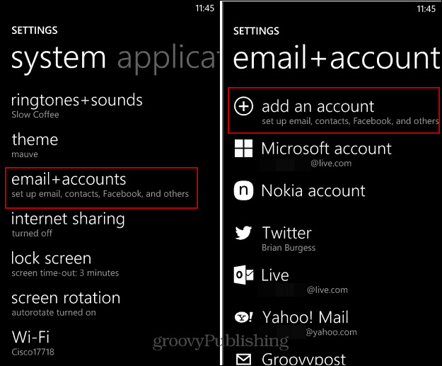 Kako nastaviti e-poštne in socialne račune na Windows Phone