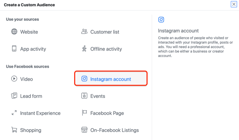facebook upravitelj oglasov ustvari meni ciljne skupine po meri z označeno možnostjo instagram računa