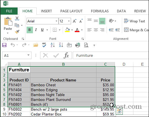 Izberite Area Excel Document