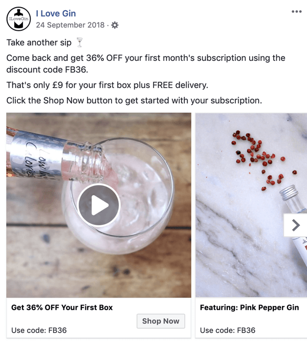 Kako ustvariti oglase za doseg na Facebooku, korak 8, primer oglasnega oglasa avtorja I Love Gin