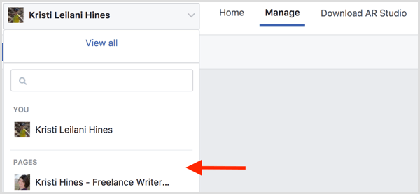 Če želite za svoj dogodek ustvariti Facebook okvir, pojdite na Manage Effects in izberite svojo Facebook stran.