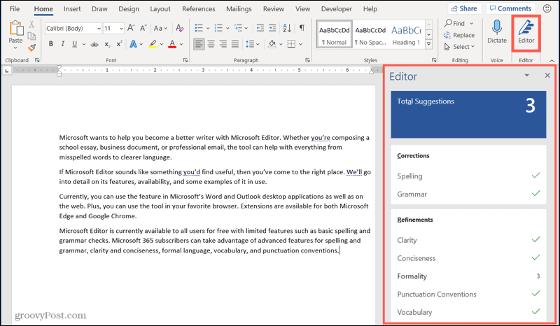 Microsoft Editor v Wordu v sistemu Windows