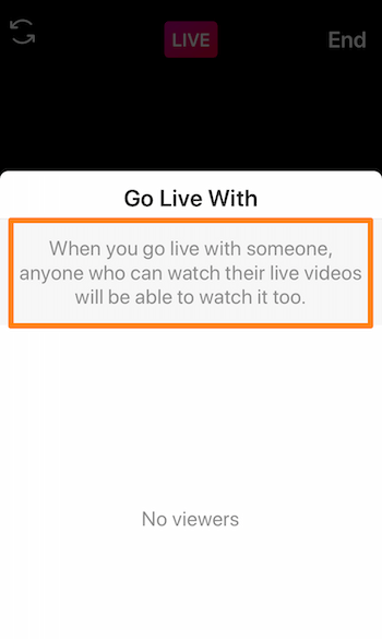 posnetek zaslona Instagram Live, ki prikazuje sporočilo: Ko greš z nekom v živo, ga bo lahko gledal tudi vsak, ki si lahko ogleda njegove videoposnetke v živo.