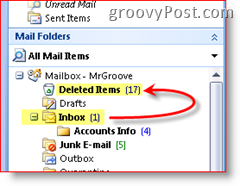 Posnetek zaslona Outlook 2007, v katerem je razloženo, da se izbrisani elementi premaknejo v mapo z izbrisanimi predmeti