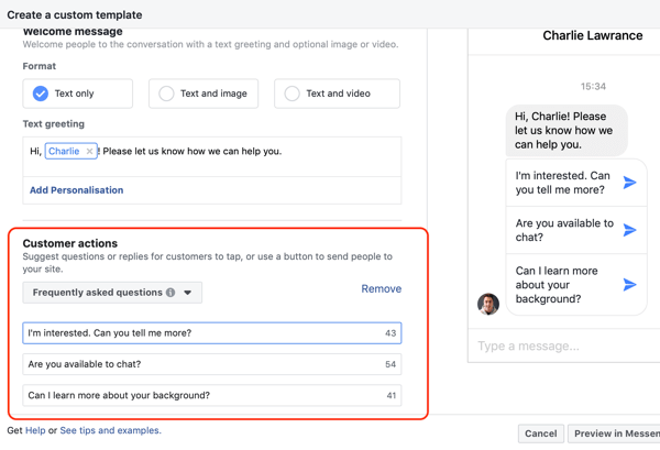 Kako pretvoriti obiskovalce spletnega mesta z oglasi Facebook Messenger, korak 4, primer kopiranja dejanj strank