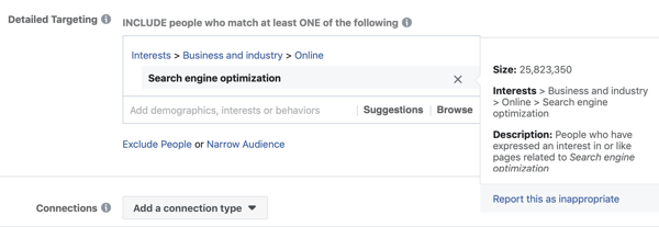 Primer standardnega ciljanja na facebook za zanimanje za optimizacijo iskalnikov, ki ima za posledico preveliko občinstvo, ki znaša 25 milijonov.