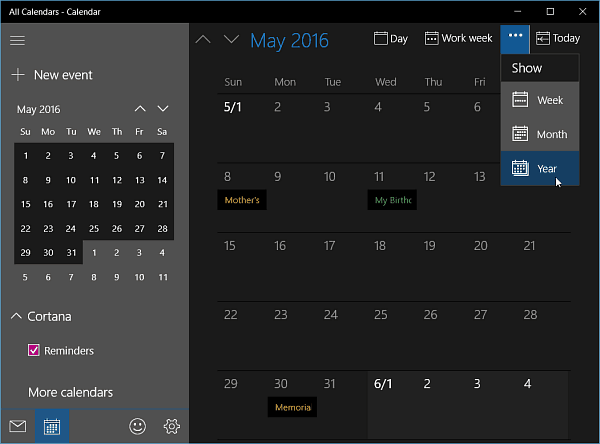 Aplikacija za koledar za sistem Windows 10 Insider Build 11099 dobi letni pogled