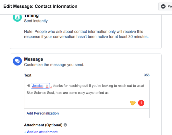 posnetek zaslona vmesnika za nastavitev samodejnega odgovora na Facebook Messenger Contact Information