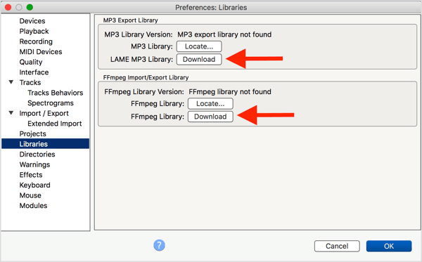 Namestite izbirni kodirnik MP3 LAME in knjižnico FFmpeg z Audacity.