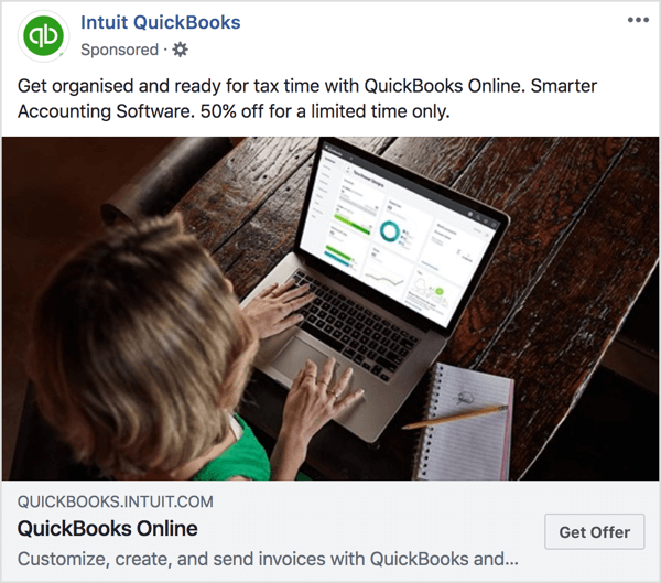 Na tej oglasni in ciljni strani Intuit QuickBooks opazite, da so barvni odtenki in ponudba skladni.
