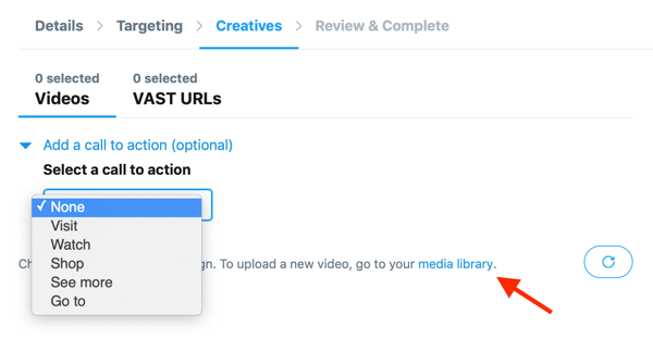 Možnosti nastavitve poziva k dejanju za vaš videoposnetek, ki ga gosti Twitter, za vaš pogled v videoposnetku In-Stream (pred predvajanjem) v Twitterju.