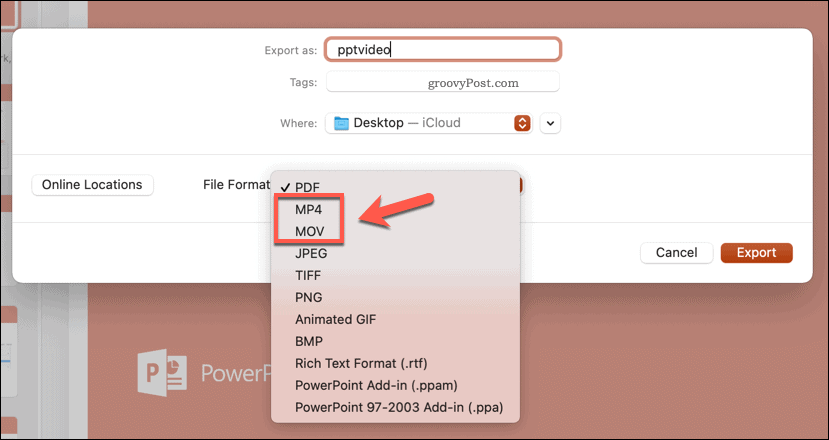 Izbira oblike datoteke za izvoz v programu PowerPoint v sistemu Mac