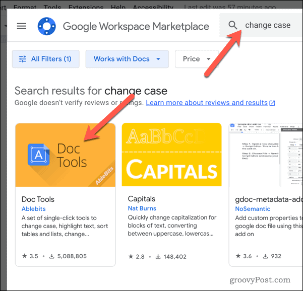 Namestitev dodatka za spreminjanje velikih in malih črk besedila v google dokumentih