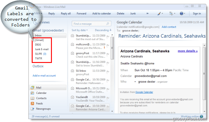 e-poštni odjemalec za živo pošto Windows, nalepke gmail se pretvorijo v mape v Windows živi pošti