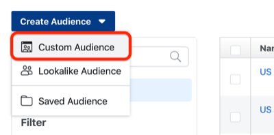 1. korak, kako ustvariti Facebook občinstvo po meri