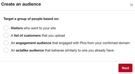 Občinstvo Pinterest deluje podobno kot občinstvo po meri Facebooka.