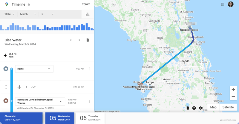 Podrobnosti o potovanju na časovni osi Google Maps