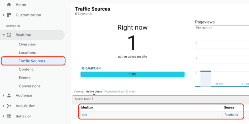 meni google analytics prikazuje poročilo o virih prometa v realnem času in poročilo o virih prometa, ki prikazuje pravkar ustvarjeni URL, je viden in zabeležen v google analytics