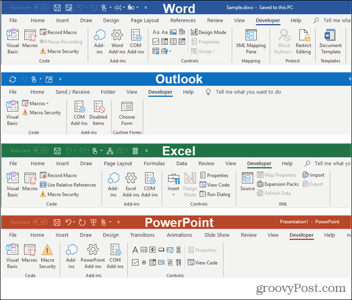 Kartice za razvijalce v programih Microsoft Office
