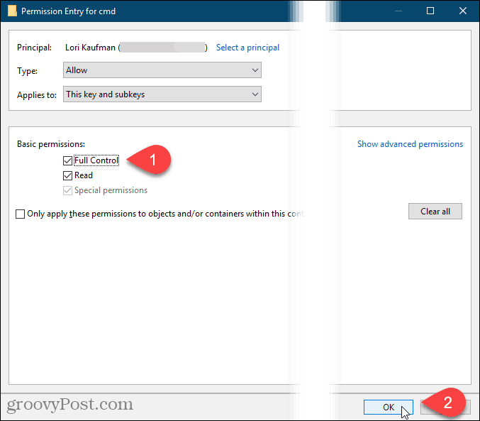 Preverite popoln nadzor in kliknite V redu v pogovornem oknu Dovoljenje vnosa v registru sistema Windows